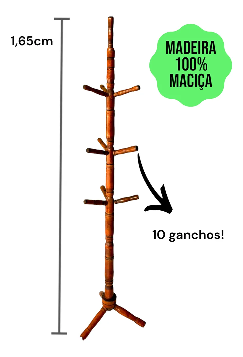 Cabideiro Mancebo 10 Ganchos Madeira Porta Roupa Cabide - Imagem 2