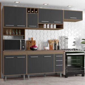 Cozinha Compacta Poliman Barcelona 4 Peças 11 Portas 2 Gavetas 260cm Sem Tampo Carvalho Oak/Grafite