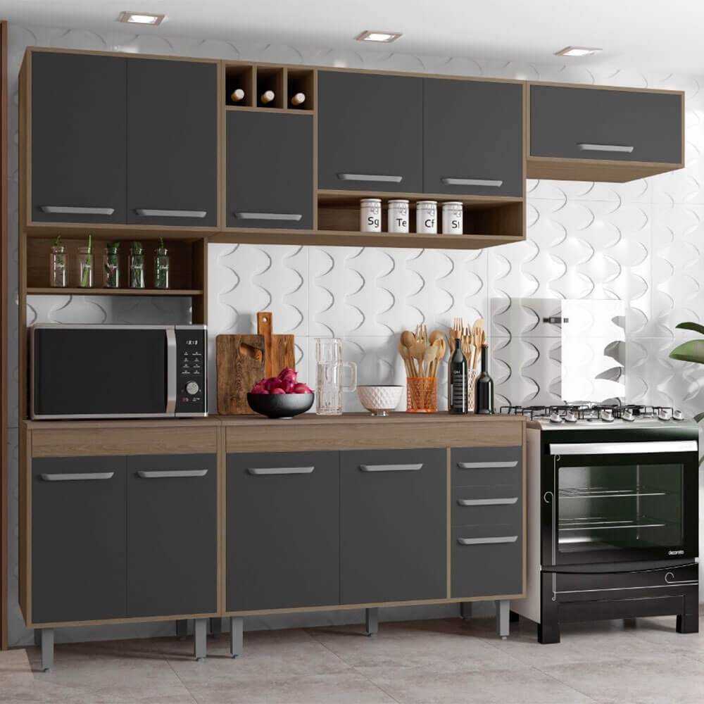 Cozinha Compacta Poliman Barcelona 4 Peças 11 Portas 2 Gavetas 260cm Sem Tampo Carvalho Oak/Grafite