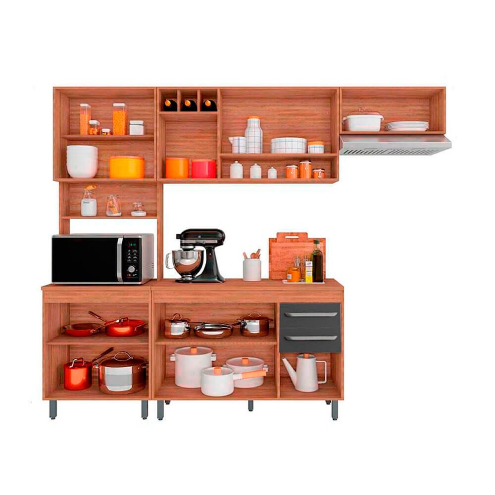 Cozinha Compacta Poliman Barcelona 4 Peças 11 Portas 2 Gavetas 260cm Sem Tampo Carvalho Oak/Grafite - Imagem 2